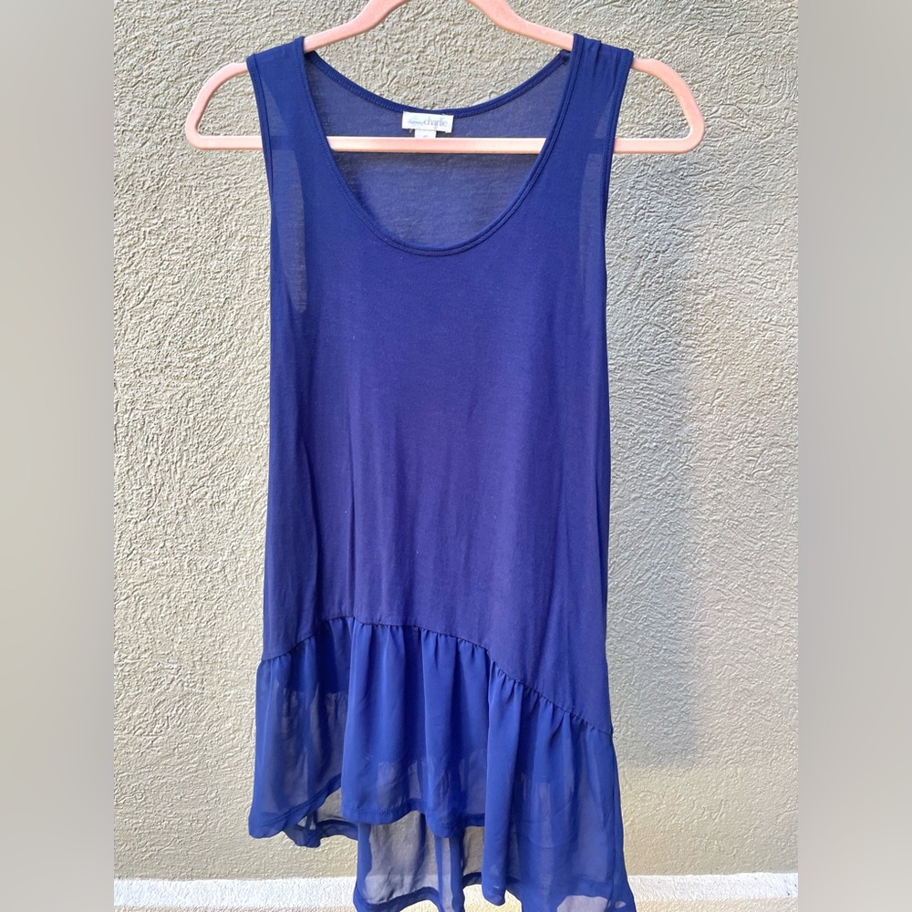 Donating on 7/23!!
Charming Charlie Navy Blue Ruffle sheer Hem long Tank Top